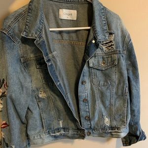 Floral Embroidered Distressed Denim Jacket